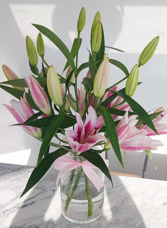 4 steam pink lilies with glass vase